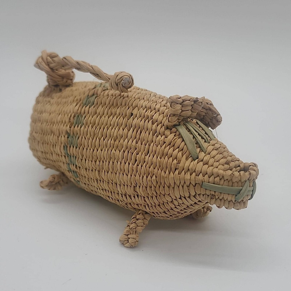 Vintage hand‎ made woven rattan miniature PIG figurine